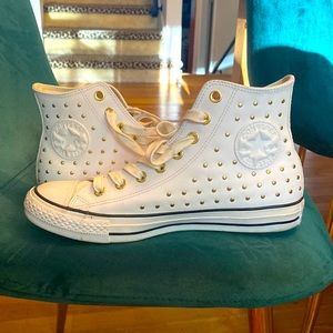 White Leather Converse High Tops with Gold Stud Detail